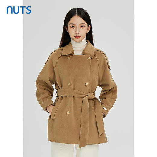 NUTS纯色翻领气质百搭收腰显瘦双排扣中款外套女241042401 商品图1