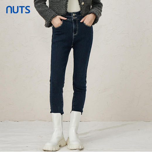 NUTS秋冬款深蓝色气质百搭修身高腰显瘦长款牛仔裤女343112209 商品图0