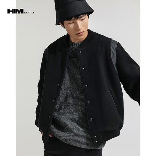 HIM漢崇  轻暖间棉棒球领夹克男复合软皮拼接夹棉毛呢外套2025冬季 商品图0