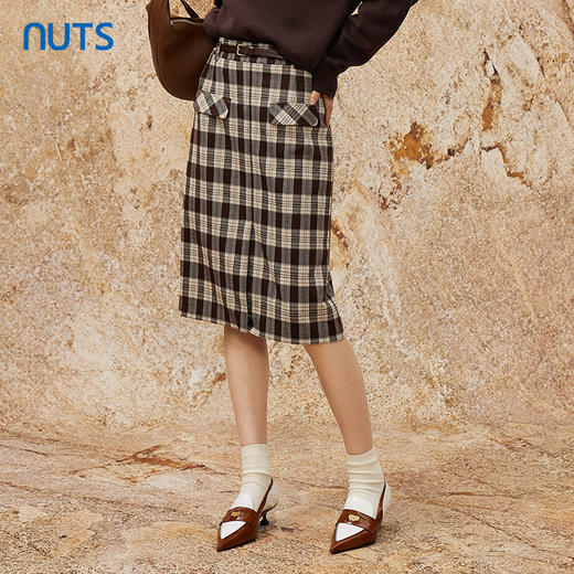 NUTS气质时尚百搭高腰复古直筒格子中款半身裙女341062276 商品图2