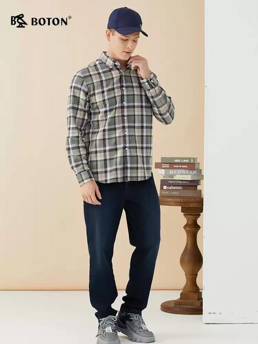 波顿男士秋冬季绿黑色磨毛格子长袖衬衫MS676322 商品图1