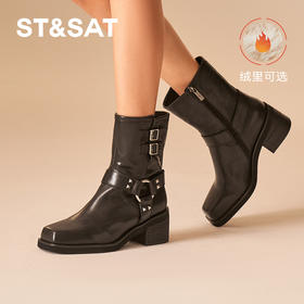 【绒里可选】星期六摩登方头铆钉粗跟时装短靴SSC4116400/SSC4118400