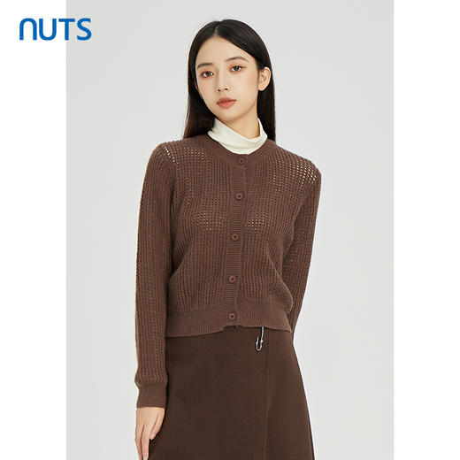 NUTS棕色气质百搭通勤圆领镂空短款针织外套女241053176 商品图3