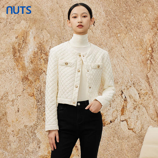 NUTS冬季白色薄款时尚气质格子圆领百搭短款棉衣外套女341081102 商品图1