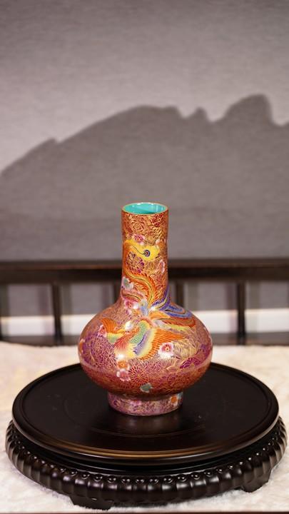 金丝珐琅胭脂红万花双凤天球 商品图0