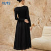NUTS秋冬款气质修身方领显瘦高腰A字黑色长袖连衣裙女342102290 商品缩略图3