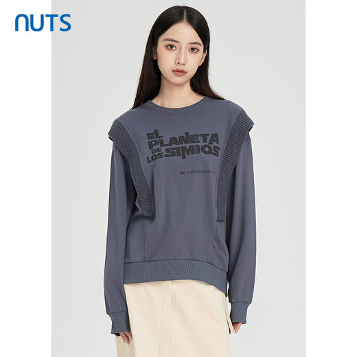 NUTS秋冬款气质百搭设计感印花针织拼接长袖T恤卫衣女241023381 商品图0