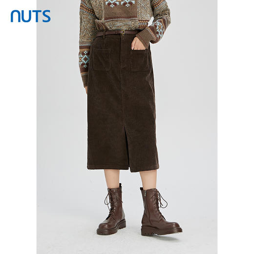 NUTS秋冬款复古气质百搭高腰显瘦直筒开叉灯芯绒长裙女241063628 商品图2