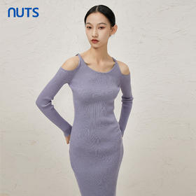 NUTS秋冬款纯色设计感小众镂空简约圆领修身针织连衣裙343103198