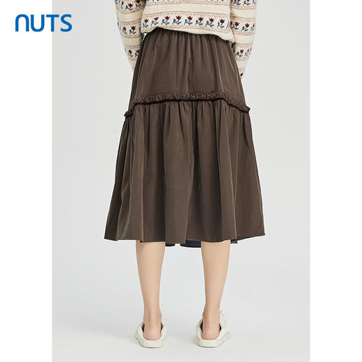 NUTS秋冬款棕色花边气质百搭松紧高腰显瘦长款半身裙女241063220 商品图4