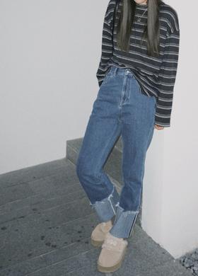 顺丰包邮洛诗琳35658经典不过时的原牛仔深蓝色调 慵懒随性舒适好穿翻折毛边九分裤牛仔裤729