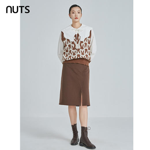 NUTS秋冬款棕色时尚通勤气质开叉直筒中长款半身裙女241063043B 商品图2