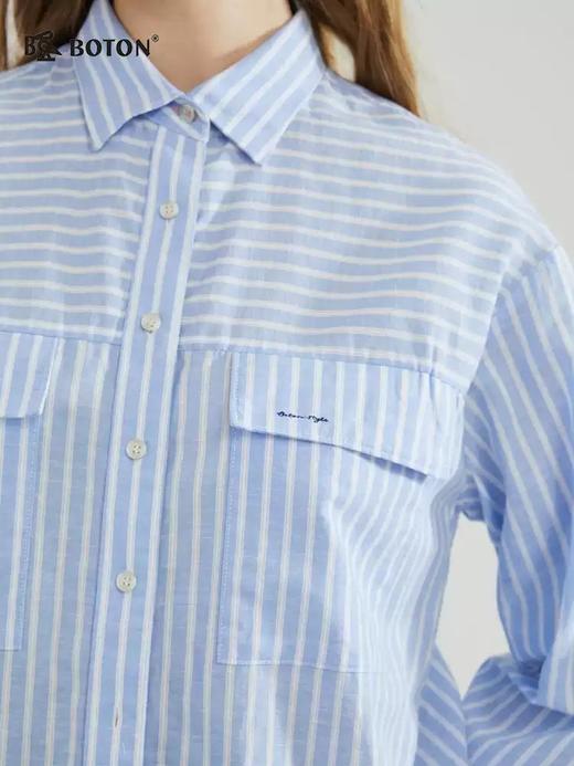 【透气棉弹】波顿女士春秋时尚休闲蓝白色条纹长袖衬衫LS969123 商品图2