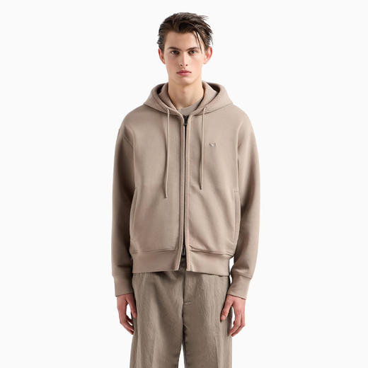 EMPORIO ARMANI 阿玛尼 男士小鹰徽标天鹅绒细节双层平纹针织连帽开衫式卫衣 灰褐色 6D1M97 1JHSZ 0144 商品图1