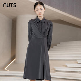 NUTS春秋款灰色高级感百搭气质通勤高腰显瘦长袖连衣裙241103007B