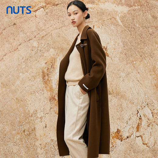 NUTS冬款棕色高级设计感简约翻领复古手工呢料长外套女343152049 商品图2
