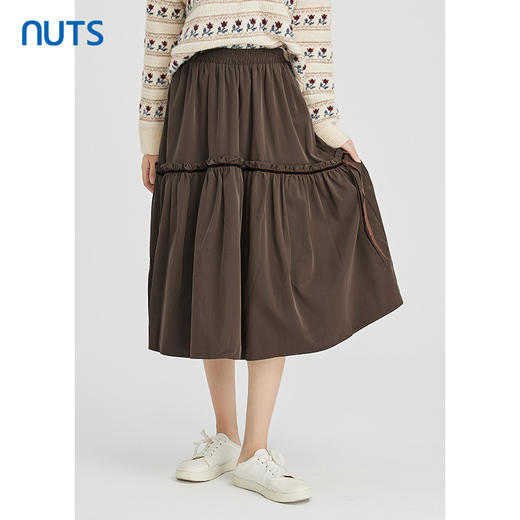 NUTS秋冬款棕色花边气质百搭松紧高腰显瘦长款半身裙女241063220 商品图0