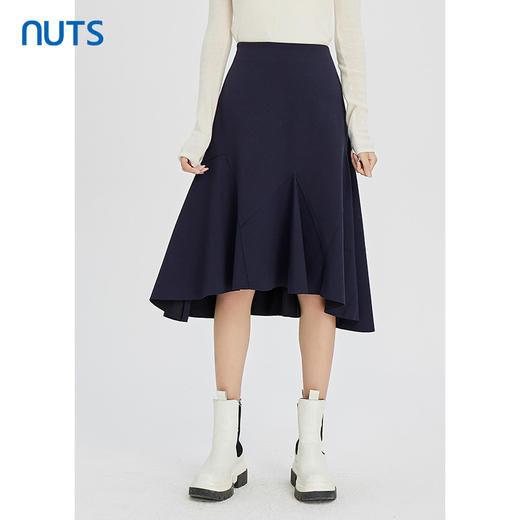 NUTS秋冬款复古气质深蓝色百搭高腰显瘦不规则长裙女241063302B 商品图3