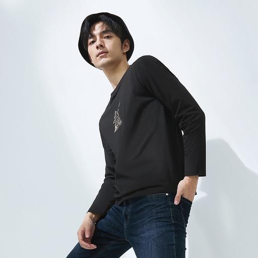 【新疆长绒棉】柒牌长袖男T恤2025春季新款休闲百搭黑色圆领上衣128T71850 商品图1