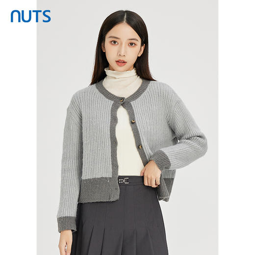 NUTS秋冬款灰色拼色百搭通勤直筒显瘦短款针织外套女241053247 商品图0