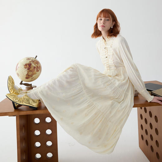 谜底提花连衣裙长袖2025春季新品复古风浪漫盘扣X型长裙251ML0099 商品图1