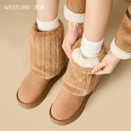 西遇毛毛雪地靴女新款冬季毛茸茸中长筒靴子厚底加绒保暖棉鞋V0047920 商品图3