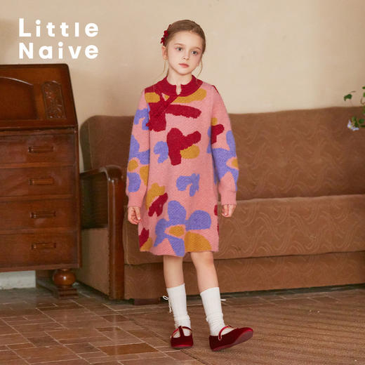 LittleNaive儿童中国风连衣裙冬季新款羊毛旗袍女童加厚针织裙 商品图2