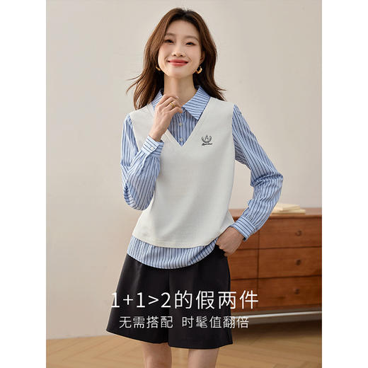 【年终特卖】熙世界学院风假两件条纹衬衫领卫衣女套头休闲显瘦上衣2025春新款 商品图2