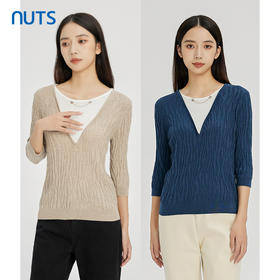NUTS秋冬款气质百搭设计感时尚V领毛织套头衫假两件女241052225