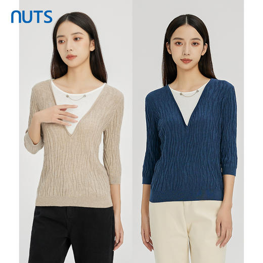 NUTS秋冬款气质百搭设计感时尚V领毛织套头衫假两件女241052225 商品图0