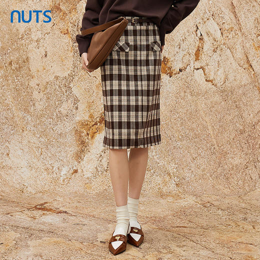 NUTS气质时尚百搭高腰复古直筒格子中款半身裙女341062276 商品图3