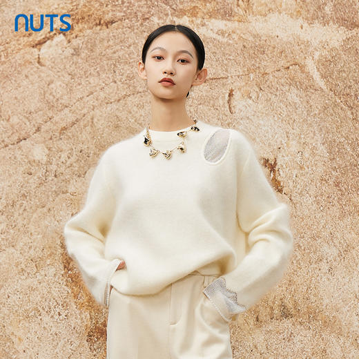 NUTS秋冬款米白色气质百搭软糯设计感蕾丝拼接针织衫女342052271 商品图0