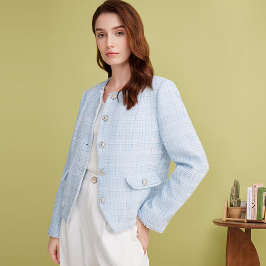 EITIE爱特爱粗花呢小香风浅蓝色短款显瘦气质外套春季新款A2503501 商品图2