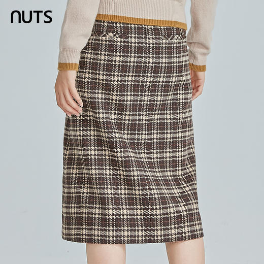 NUTS秋冬款复古气质高腰直筒显瘦格子中长款半身裙女241063286B 商品图3