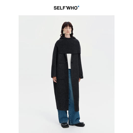 SELFWHO绵羊毛桑蚕丝毛呢大衣女2024秋冬圆领宽松可拆卸围脖外套 商品图2