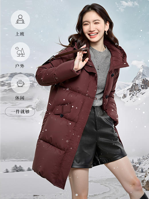 【年终特卖】熙世界女士羽绒服冬季中长款2025年新款时尚黑色显瘦连帽鸭绒外套 商品图3