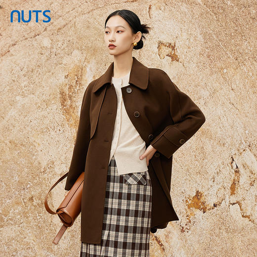 NUTS冬季咖色复古气质通勤收腰双面毛呢大衣中款外套女341152160 商品图1