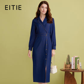 EITIE爱特爱气质翻领复古牛仔收腰开叉设计感连衣裙春季新款A2507531