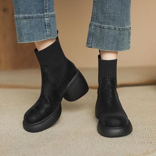 【预售5天】头层牛皮厚底马丁靴，真皮瘦瘦弹力靴新款秋冬季拼色高跟短靴TYMXY&A6808 商品图4