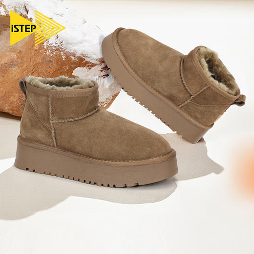 Istep冬季保暖舒适皮毛一体厚底棉鞋加绒加厚短筒女士羊毛雪地靴 商品图1