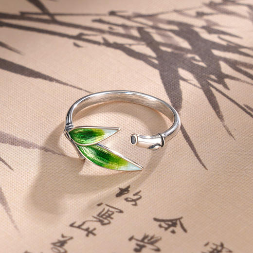 子佩集S925银【竹影清幽】戒指【JZ00772】纯银竹叶珐琅彩2412 商品图1