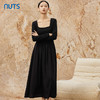NUTS秋冬款气质修身方领显瘦高腰A字黑色长袖连衣裙女342102290 商品缩略图2