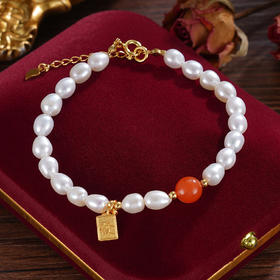 子佩集S925银珍珠手链【SL11627】纯银玛瑙镀金发财牌2412