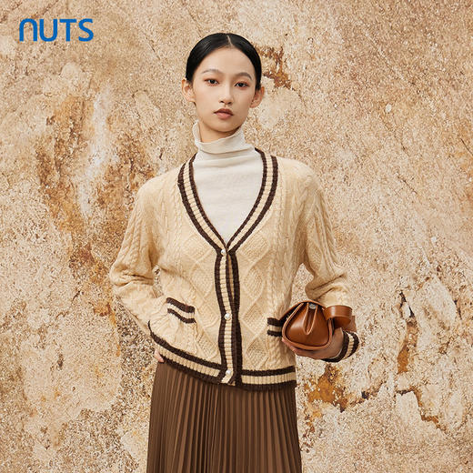 NUTS复古气质百搭撞色简约V领短款针织开衫外套女335052258 商品图3