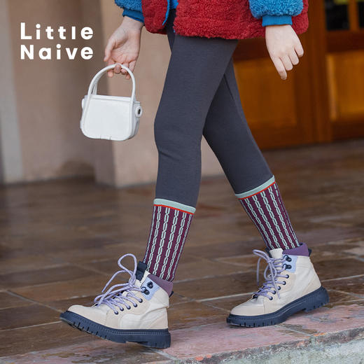 LittleNaive秋冬款大童外穿打底长裤撞色百搭弹力女童加绒打底裤 商品图4