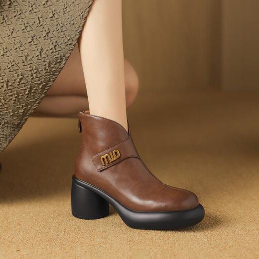 【预售5天】圆头粗跟短靴女冬季真皮，舒适短筒踝靴法式复古厚底高跟后拉链靴子DTN&X312-12 商品图0