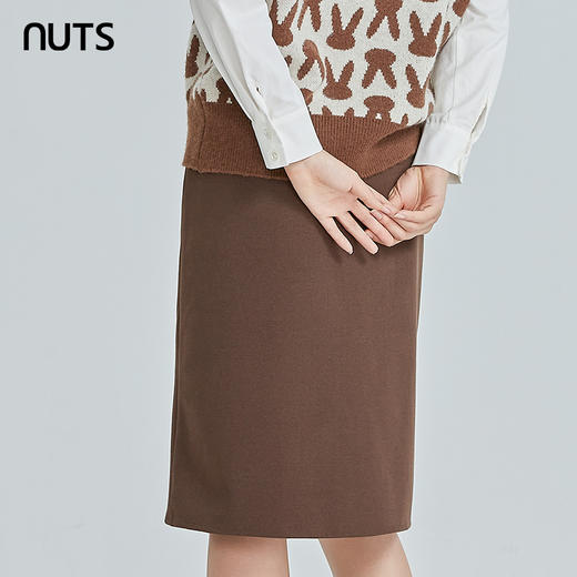 NUTS秋冬款棕色时尚通勤气质开叉直筒中长款半身裙女241063043B 商品图4