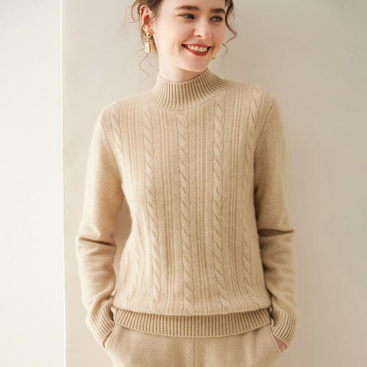 【自】全新升级【铂金会员588/天猫799/差价211】(33830) 洛诗琳双股加厚山羊绒衫保暖正肩小麻花长袖套头半高领简约针织打底衫 商品图0