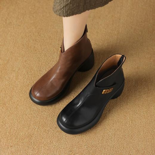 【预售5天】圆头粗跟短靴女冬季真皮，舒适短筒踝靴法式复古厚底高跟后拉链靴子DTN&X312-12 商品图2