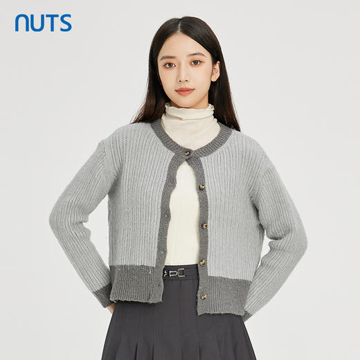 NUTS秋冬款灰色拼色百搭通勤直筒显瘦短款针织外套女241053247 商品图1